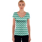 Emerald Green & White Zigzag Pattern Women s V-Neck Cap Sleeve Top