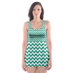 Emerald Green & White Zigzag Pattern Skater Dress Swimsuit