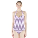 Lilac Purple & White Zigzag Pattern Women s Halter One Piece Swimsuit