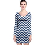 Navy Blue & White Zigzag Pattern Long Sleeve Bodycon Dress