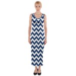 Navy Blue & White Zigzag Pattern Fitted Maxi Dress