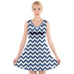 Navy Blue & White Zigzag Pattern V-Neck Sleeveless Skater Dress