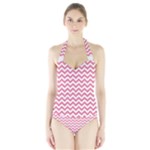 Soft Pink & White Zigzag Pattern Women s Halter One Piece Swimsuit
