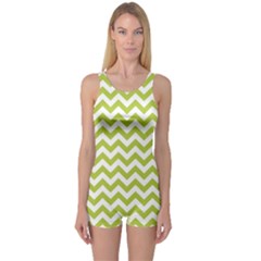 Spring Green & White Zigzag Pattern One Piece Boyleg Swimsuit by Zandiepants