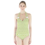 Spring Green & White Zigzag Pattern Women s Halter One Piece Swimsuit