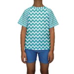 Turquoise & White Zigzag Pattern Kid s Short Sleeve Swimwear