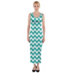 Turquoise & White Zigzag Pattern Fitted Maxi Dress