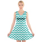 Turquoise & White Zigzag Pattern V-Neck Sleeveless Skater Dress
