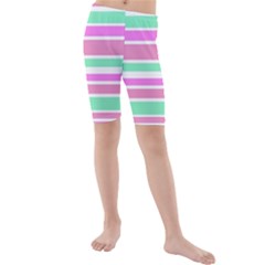 Pink Green Stripes Kid s Mid Length Swim Shorts by BrightVibesDesign