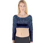 Blue Ombre Feather Pattern, Black,  Long Sleeve Crop Top