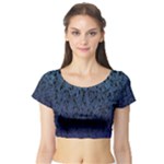 Blue Ombre Feather Pattern, Black,  Short Sleeve Crop Top (Tight Fit)