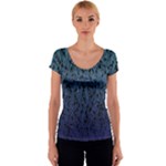 Blue Ombre Feather Pattern, Black,  Women s V-Neck Cap Sleeve Top