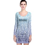 Blue Ombre Feather Pattern, White,  Long Sleeve Bodycon Dress