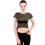 Brown Ombre Feather Pattern, Black,  Crew Neck Crop Top