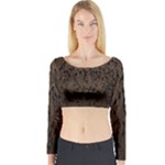 Brown Ombre Feather Pattern, Black,  Long Sleeve Crop Top