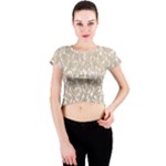 Brown Ombre Feather Pattern, White, Crew Neck Crop Top