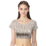 Brown Ombre Feather Pattern, White, Short Sleeve Crop Top (Tight Fit)