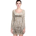 Brown Ombre Feather Pattern, White, Long Sleeve Bodycon Dress