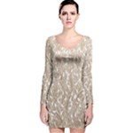 Brown Ombre Feather Pattern, White, Long Sleeve Velvet Bodycon Dress