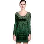 Green Ombre Feather Pattern, Black, Long Sleeve Bodycon Dress