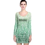 Green Ombre Feather Pattern, White, Long Sleeve Bodycon Dress