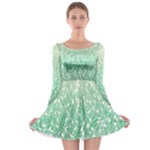 Green Ombre Feather Pattern, White, Long Sleeve Skater Dress
