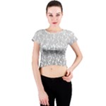 Grey Ombre Feather Pattern, White, Crew Neck Crop Top