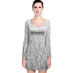 Grey Ombre Feather Pattern, White, Long Sleeve Velvet Bodycon Dress
