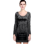 Grey Ombre Feather Pattern, Black, Long Sleeve Bodycon Dress