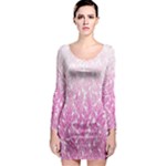 Pink Ombre Feather Pattern, White, Long Sleeve Bodycon Dress
