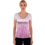 Pink Ombre Feather Pattern, White, Women s V-Neck Cap Sleeve Top