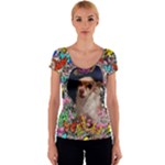 Chi Chi In Butterflies, Chihuahua Dog In Cute Hat Women s V-Neck Cap Sleeve Top