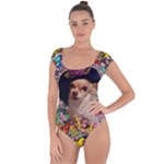 Chi Chi In Butterflies, Chihuahua Dog In Cute Hat Short Sleeve Leotard (Ladies)