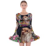 Chi Chi In Butterflies, Chihuahua Dog In Cute Hat Long Sleeve Skater Dress