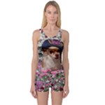 Chi Chi In Flowers, Chihuahua Puppy In Cute Hat One Piece Boyleg Swimsuit
