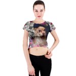 Chi Chi In Flowers, Chihuahua Puppy In Cute Hat Crew Neck Crop Top