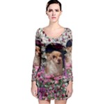 Chi Chi In Flowers, Chihuahua Puppy In Cute Hat Long Sleeve Bodycon Dress