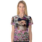 Chi Chi In Flowers, Chihuahua Puppy In Cute Hat Women s V-Neck Sport Mesh Tee