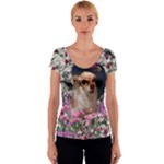 Chi Chi In Flowers, Chihuahua Puppy In Cute Hat Women s V-Neck Cap Sleeve Top