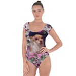 Chi Chi In Flowers, Chihuahua Puppy In Cute Hat Short Sleeve Leotard (Ladies)