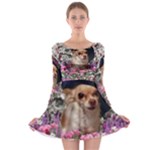 Chi Chi In Flowers, Chihuahua Puppy In Cute Hat Long Sleeve Skater Dress