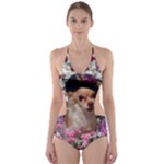 Chi Chi In Flowers, Chihuahua Puppy In Cute Hat Cut-Out One Piece Swimsuit