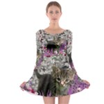 Emma In Flowers I, Little Gray Tabby Kitty Cat Long Sleeve Skater Dress