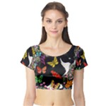 Freckles In Butterflies I, Black White Tux Cat Short Sleeve Crop Top (Tight Fit)