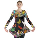 Freckles In Butterflies I, Black White Tux Cat Long Sleeve Tunic 