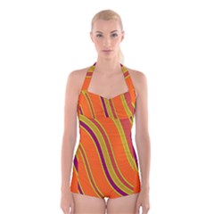 Orange Lines Boyleg Halter Swimsuit  by Valentinaart