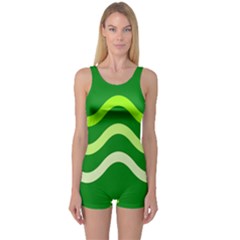 Green Waves One Piece Boyleg Swimsuit by Valentinaart