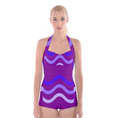 Purple Waves Boyleg Halter Swimsuit  by Valentinaart