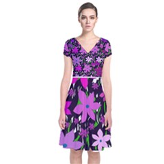 Purple Fowers Short Sleeve Front Wrap Dress by Valentinaart