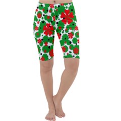 Red And Green Christmas Design  Cropped Leggings  by Valentinaart